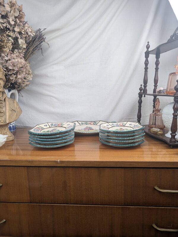 Service à Dessert Henriot Quimper RM Octogonal Couple Breton Style Art Déco