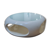 Table basse vintage Space Age 1970 - Design blanc, verre bleu, plastiq