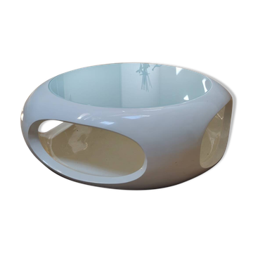 Table basse vintage Space Age 1970 - Design blanc, verre bleu, plastiq