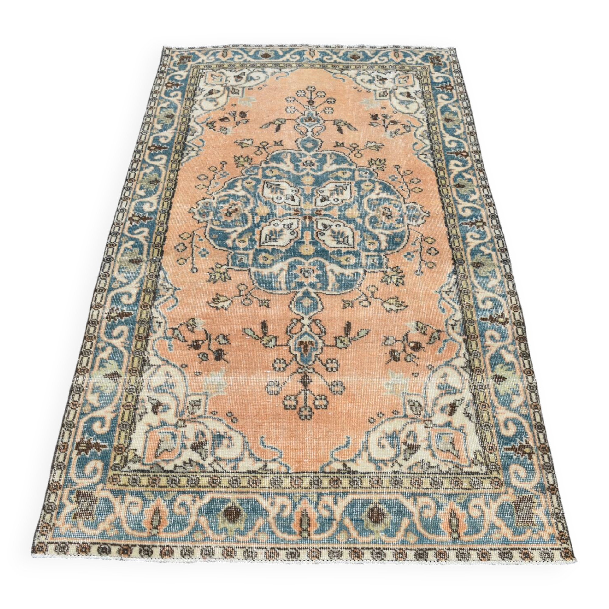 Tapis Turc Vintage Oushak, Couloir Pêche Bleu, 120x194 Cm