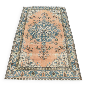 Tapis Turc Vintage Oushak, Couloir Pêche Bleu, 120x194 Cm