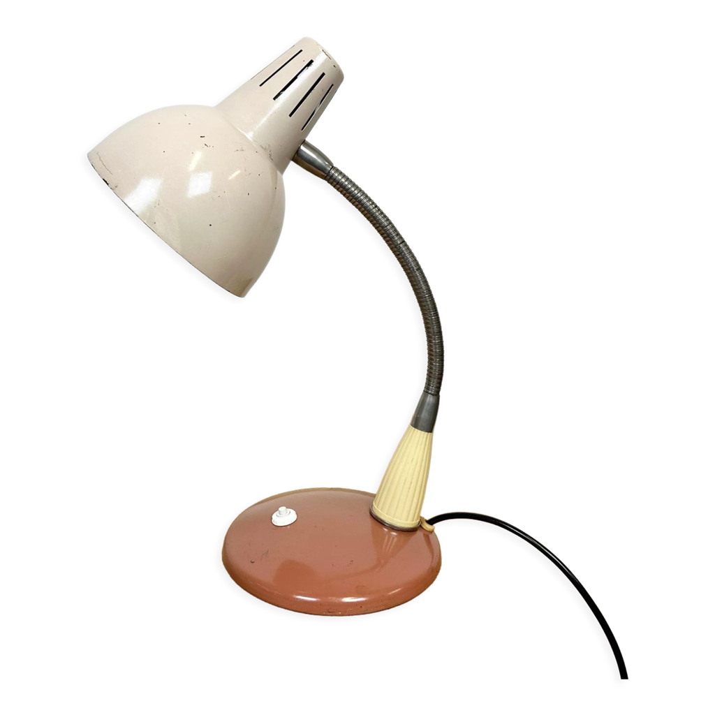 Lampe Industrielle Col De Cygne Années 1930 - Émaillée Noir Et Blanc - Bronze Et Bakélite - Style Art Déco
