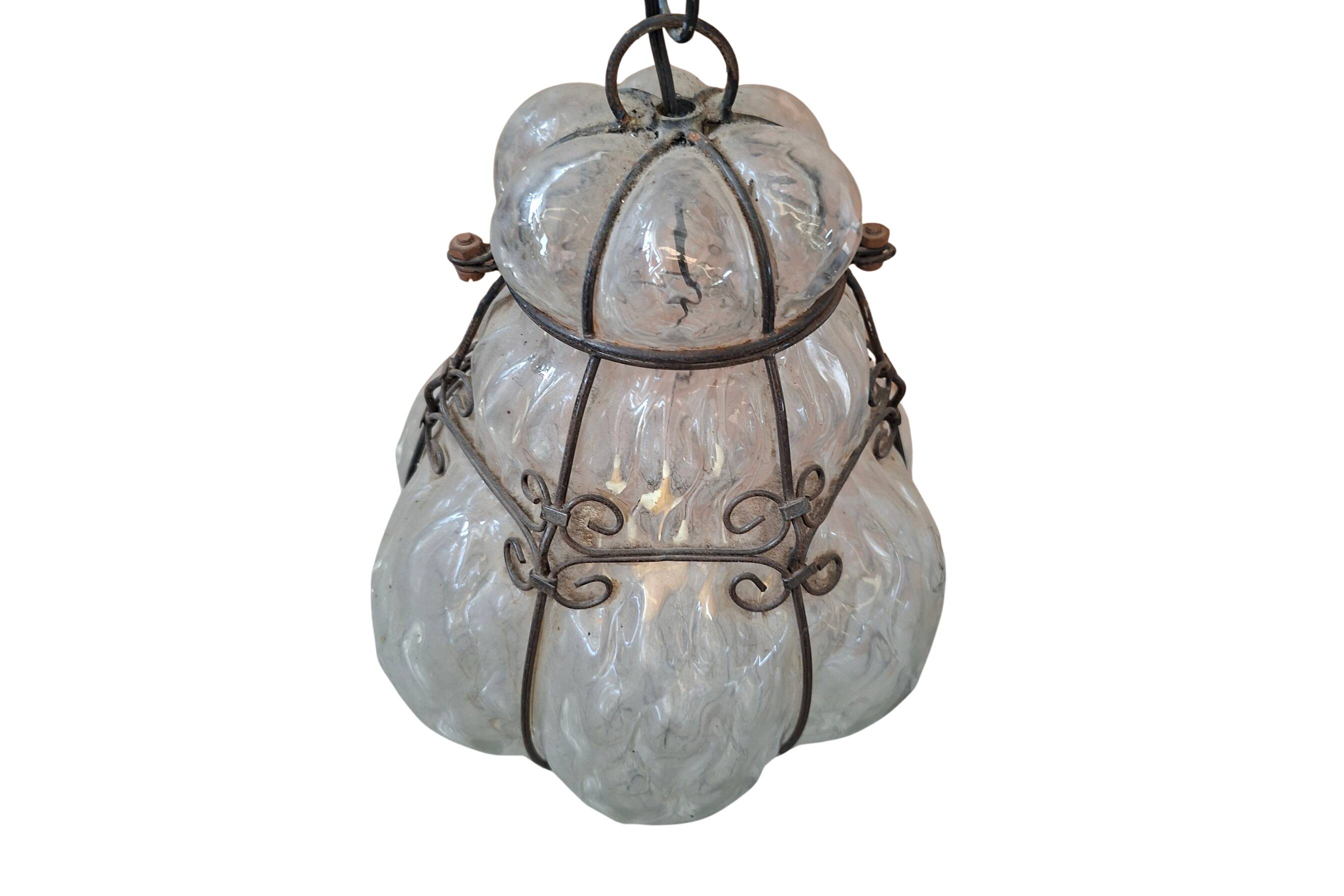 Suspension Vintage en Verre Soufflé et Fer Forgé