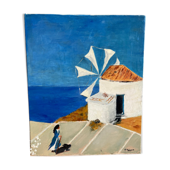 Oil on canvas "windmill" M. Pigeaux