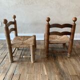 Suite of two low chairs in wood and straw 1960