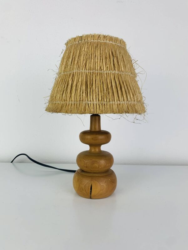 Lampe bois tourné abat jour paille, années 60, vintage