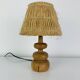 Turned wood lamp with straw shade, 1960s, vintage