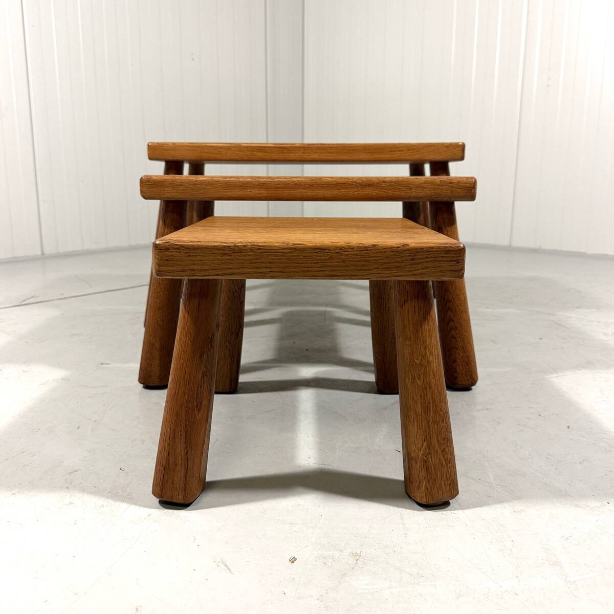 Brutalist rustic blond oak nesting tables