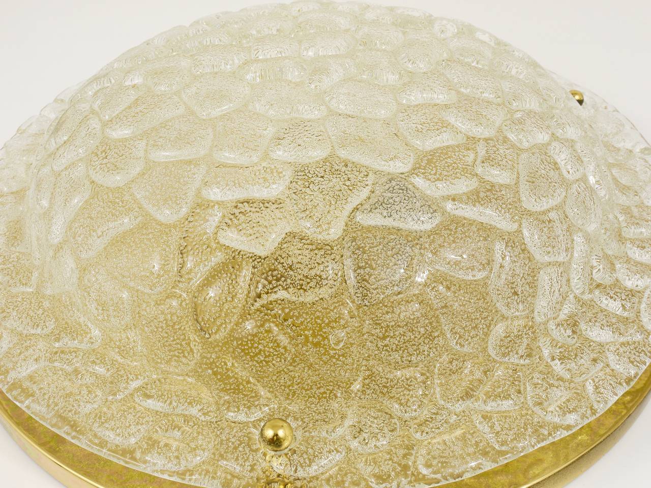Large Hillebrand ceiling light in textured bubble glass and brass, Germany, 1970s.
