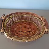 Vintage round woven wicker basket with wooden handles
