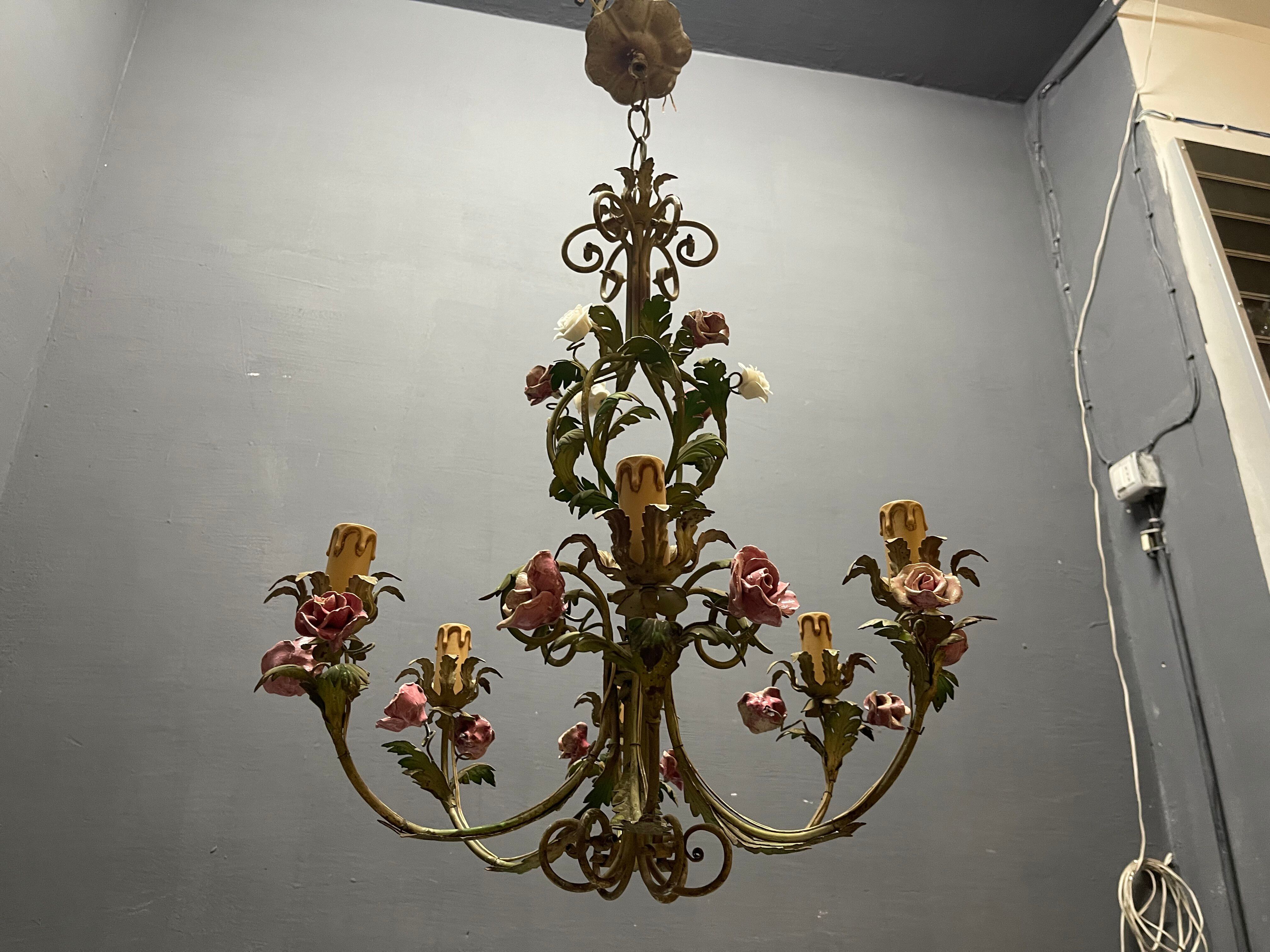Italian Florentine Tole and Ceramic Flower Chandelier, 1950s