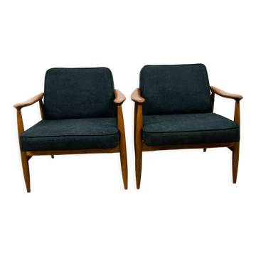 GFM-87 Beech and Fabric Armchairs by Juliusz Kędziorek for Gościcińskie Fabryki Mebli, 1960s, Set of
