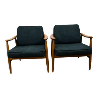 GFM-87 Beech and Fabric Armchairs by Juliusz Kędziorek for Gościcińskie Fabryki Mebli, 1960s, Set of