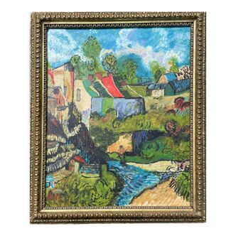 Tableau peinture ancienne paysage Saint Cloud expressionniste