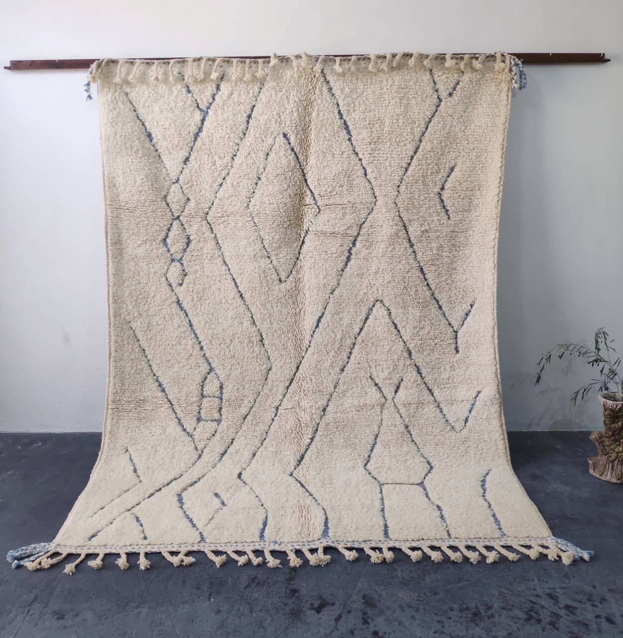 Large Ecru and Blue Grey Beni Ouarain Rug, Modern Berber Patterns - 3x2M