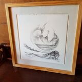Ancien tableau crayon jerome sterbecq «roulé boulé» + cadre bois noir vintage