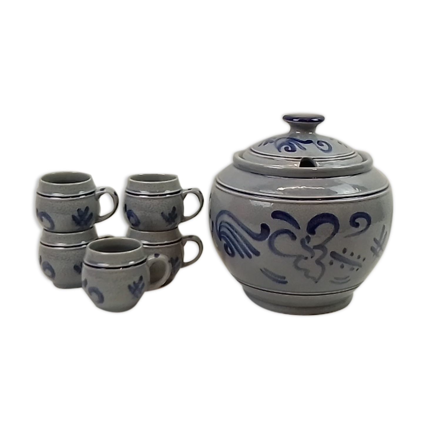 Saladier à punch et 5 tasses en grès bleu