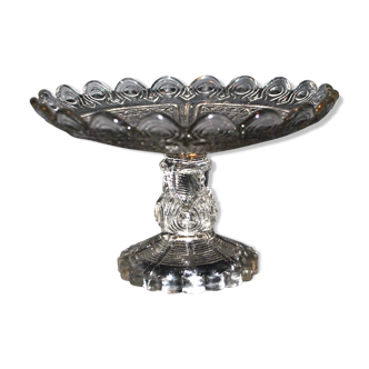 Cup on old compote bowl in molded glass - basket weaving decoration 18.5cm
