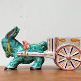 Vintage Italian hand-painted sculpture of a donkey with a cart in the shape of a bowl from Deruta, Italy.