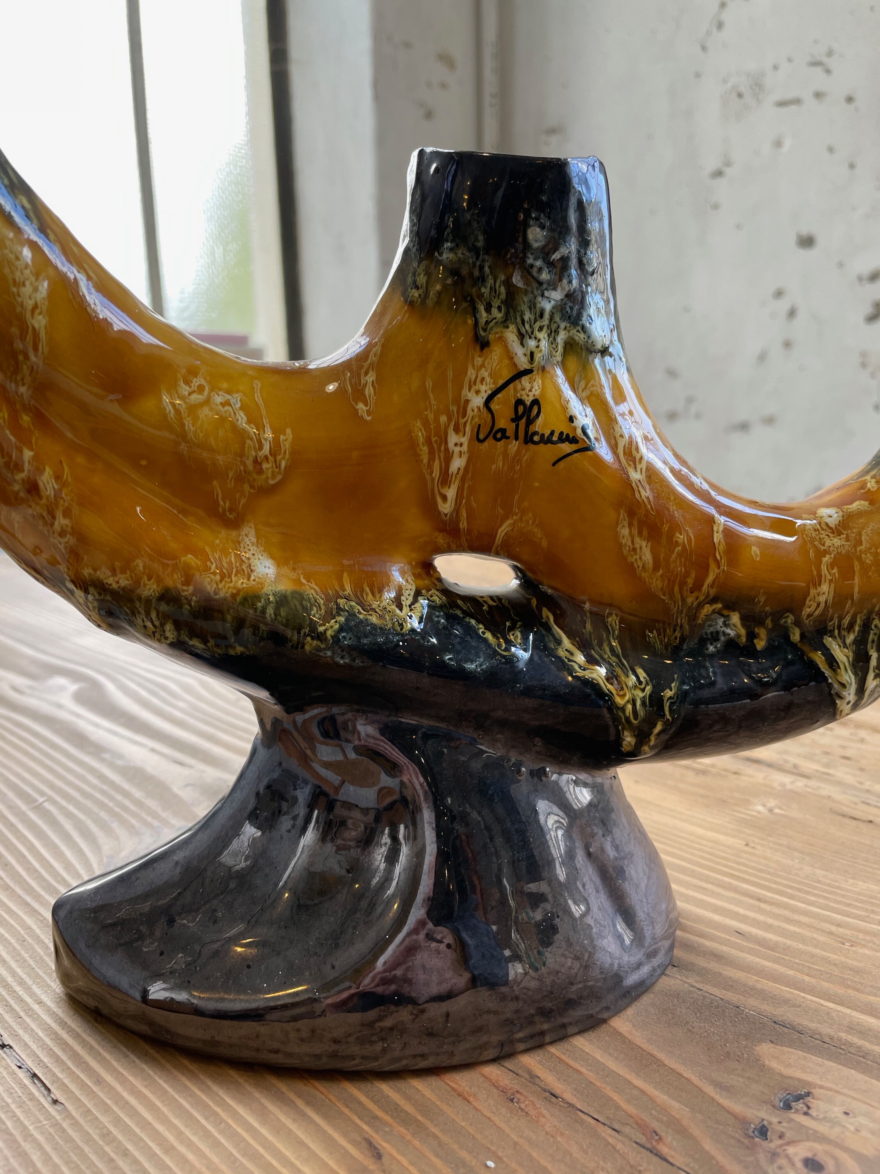 Vallauris black yellow ceramic candlestick