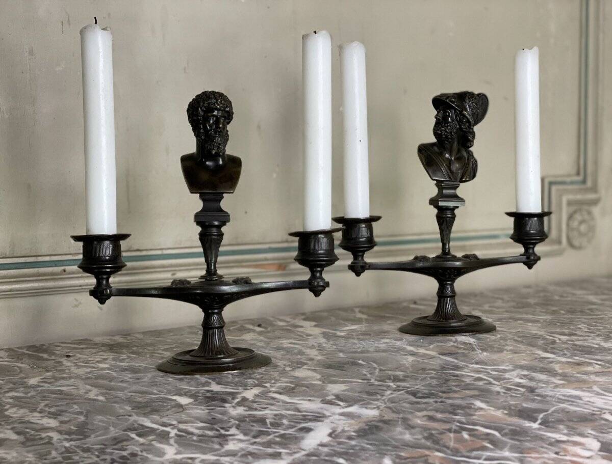 Pair of bronze candlesticks with a black patina in the antique style