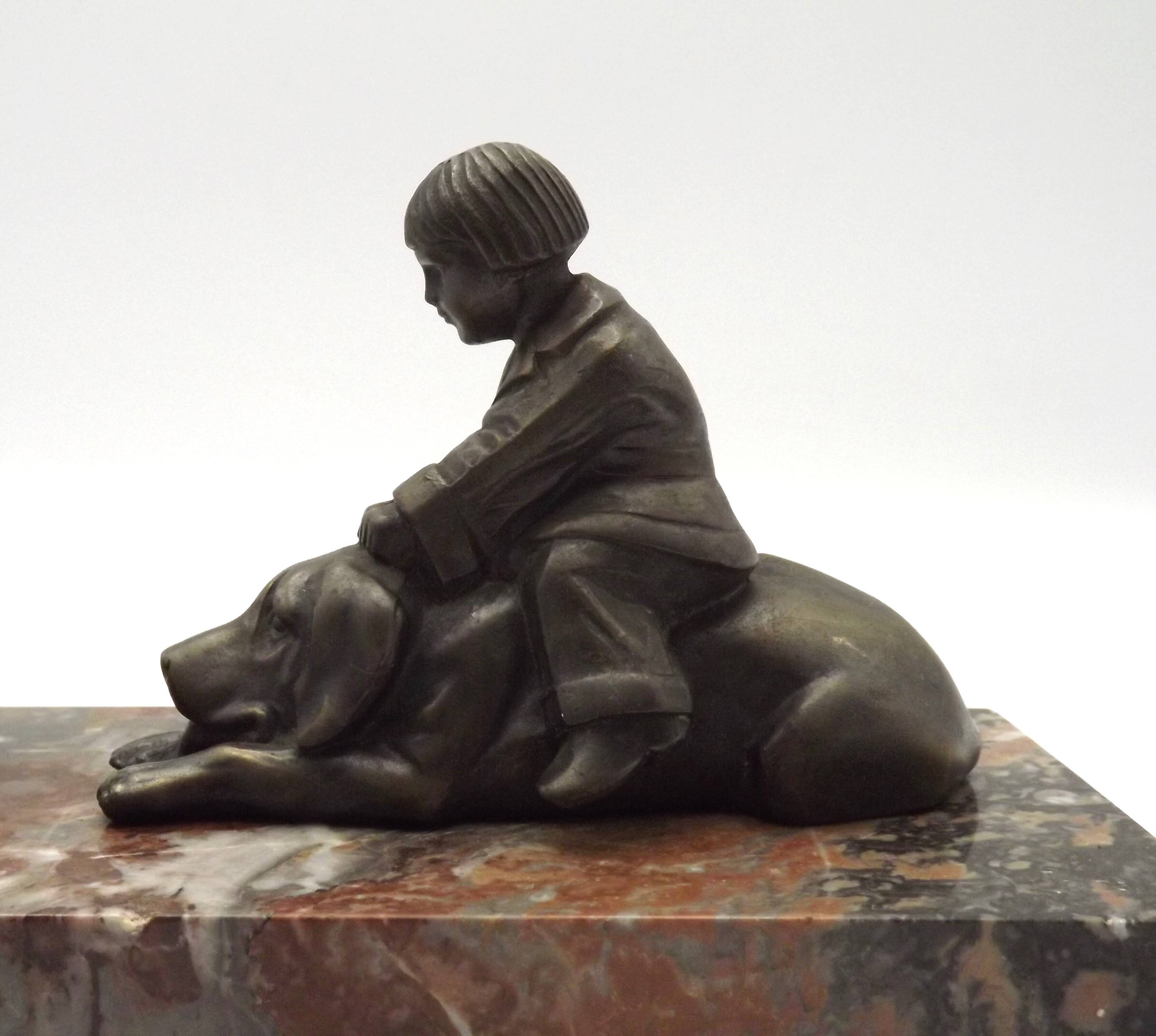 French Art Deco Table Lamp Vintage Dog & Child Figure Opaline Glass Shade