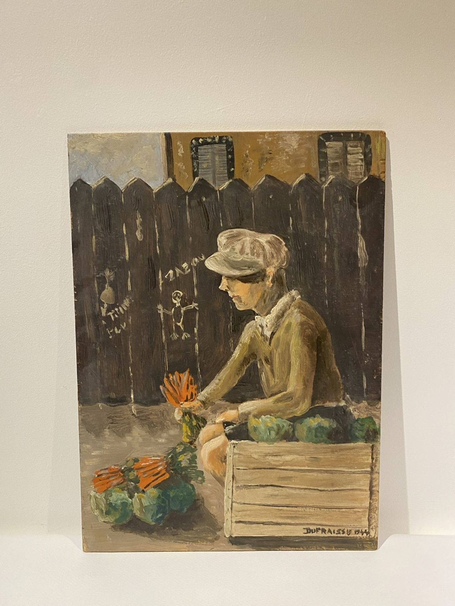 Old painting, portrait of a boy in a vegetable garden signed Dufraisse dated 1944