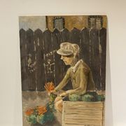 Old painting, portrait of a boy in a vegetable garden signed Dufraisse dated 1944