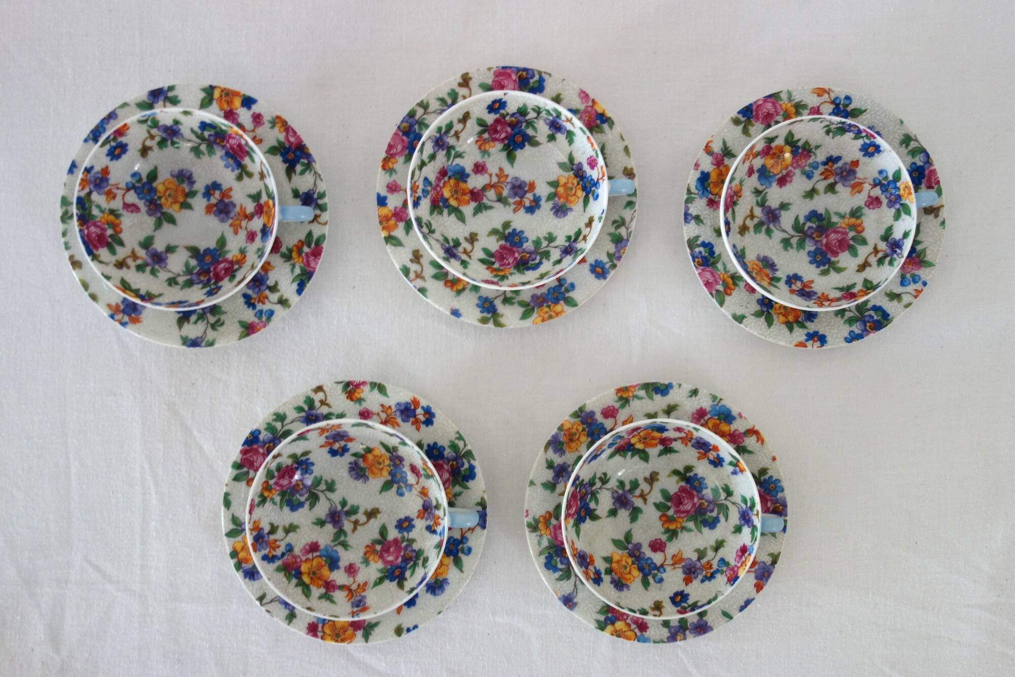 5 vintage flower pattern cups and saucers