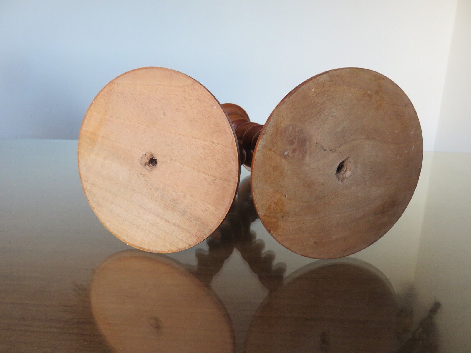 Pair of wooden candle holders turned art deco