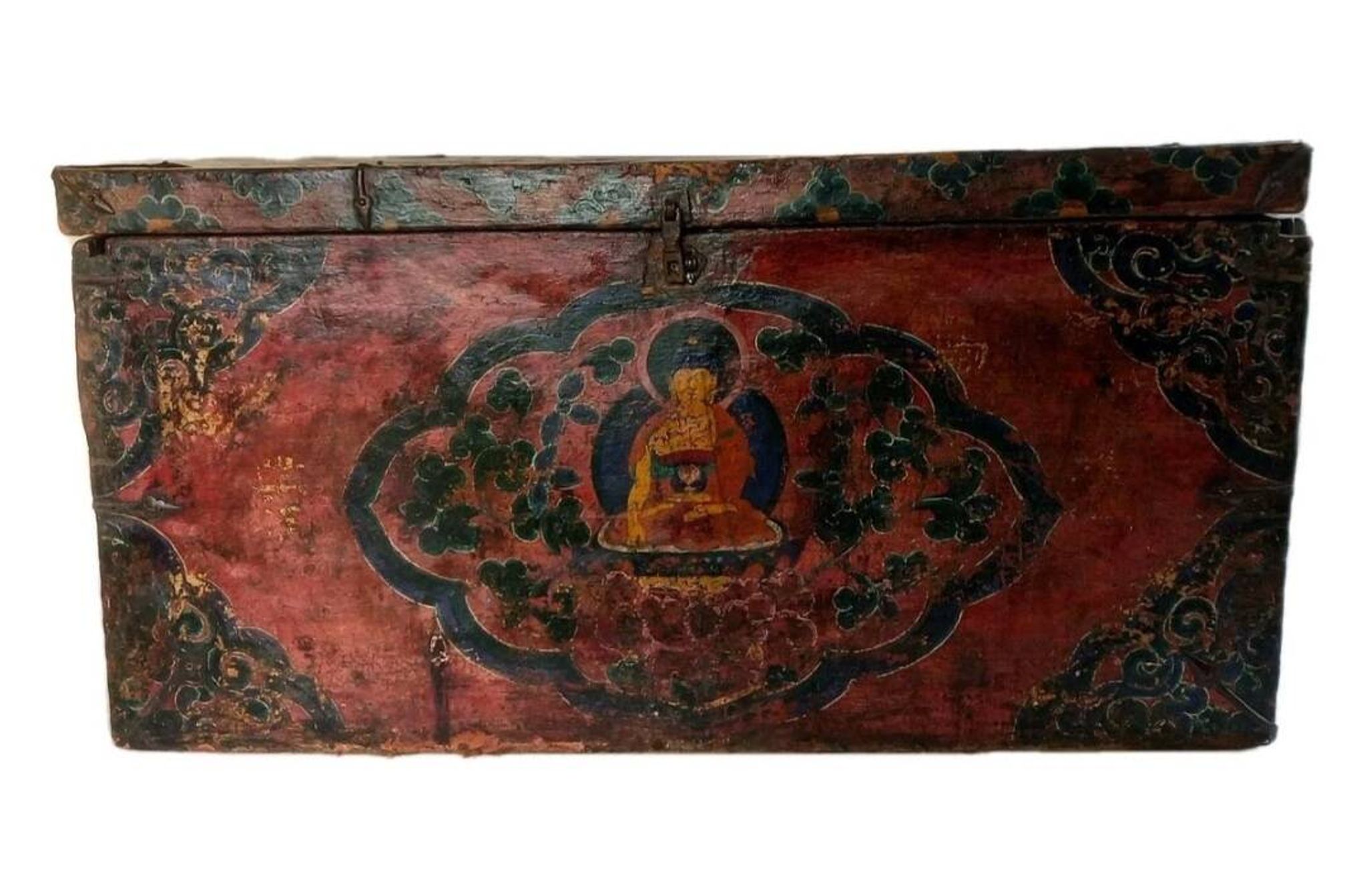 Large antique Tibetan wooden chest with Buddha painting, 18th century