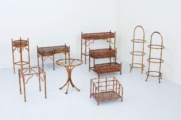 Set de 9 jardinières et petites tables en faux bambou avec plateau en verre, France, années 1970