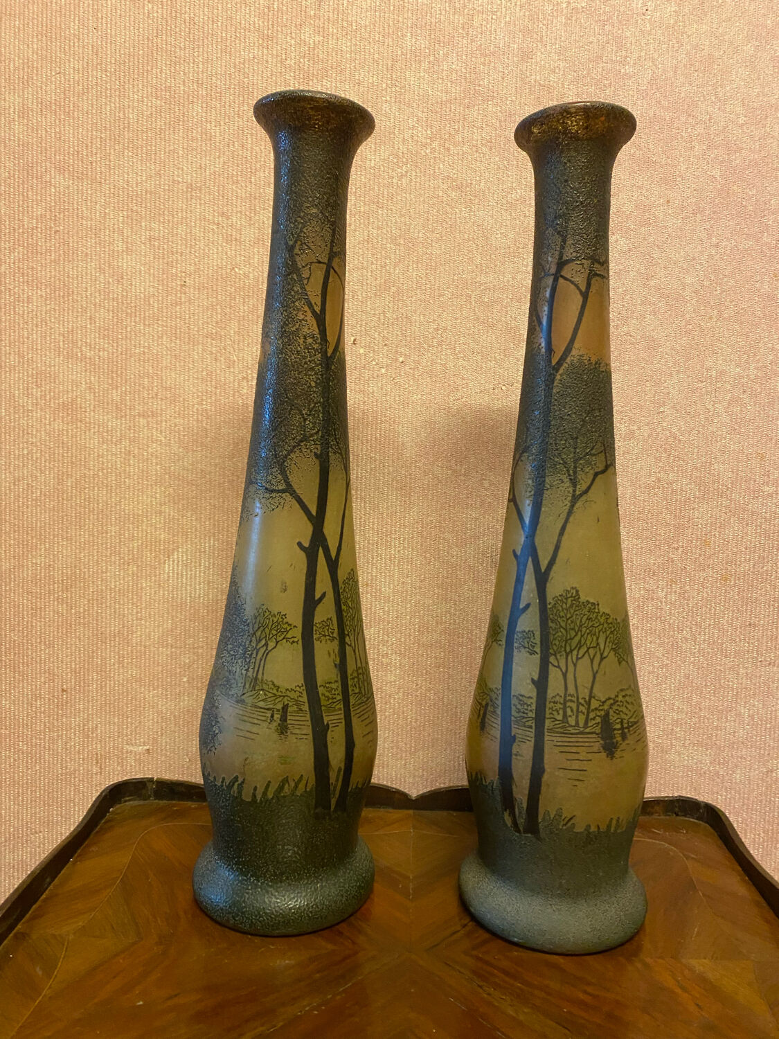 Pair of frosted glass vases, lake scene