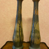 Pair of frosted glass vases, lake scene