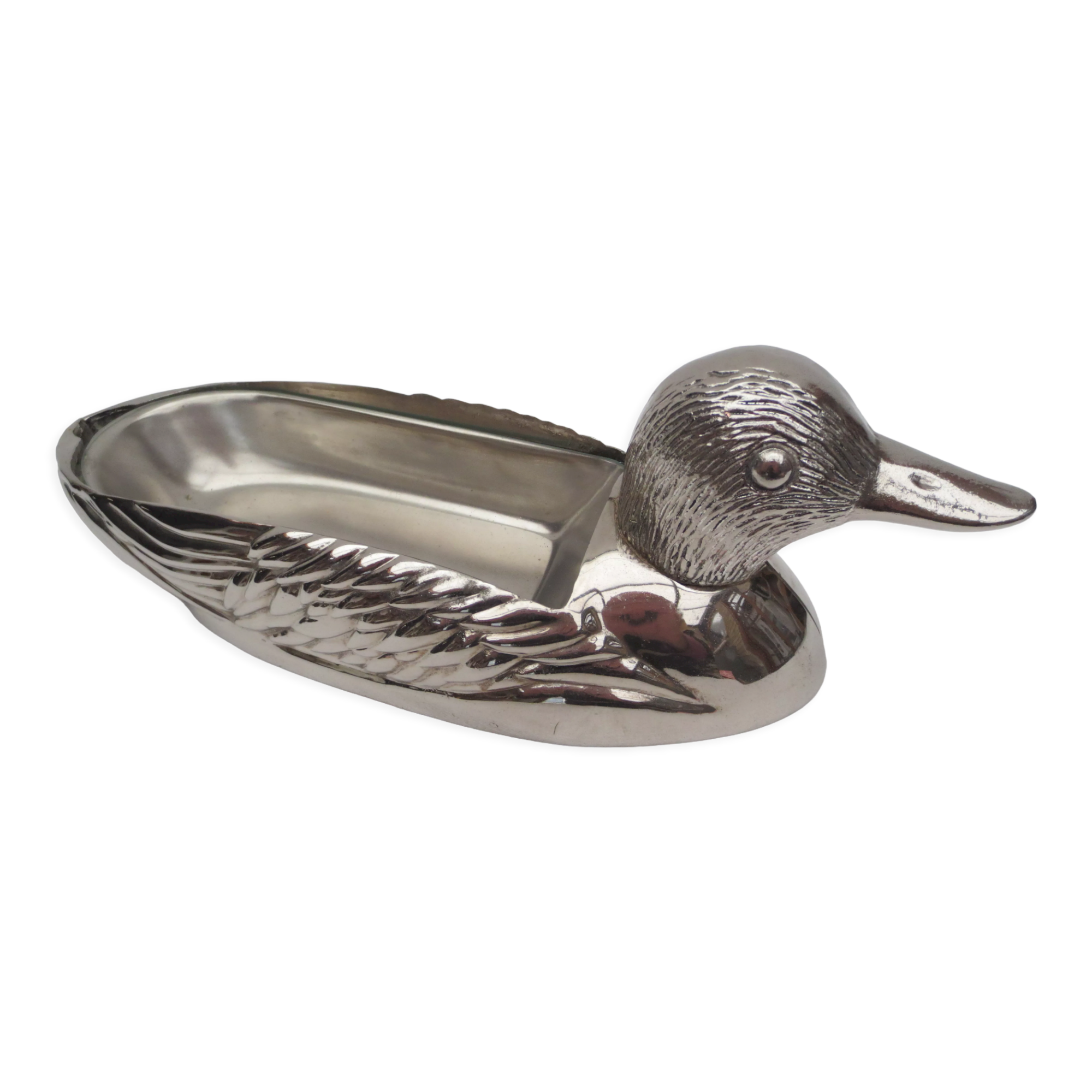 Foie gras dish in silver metal, duck décor