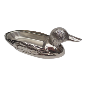 Foie gras dish in silver metal, duck décor