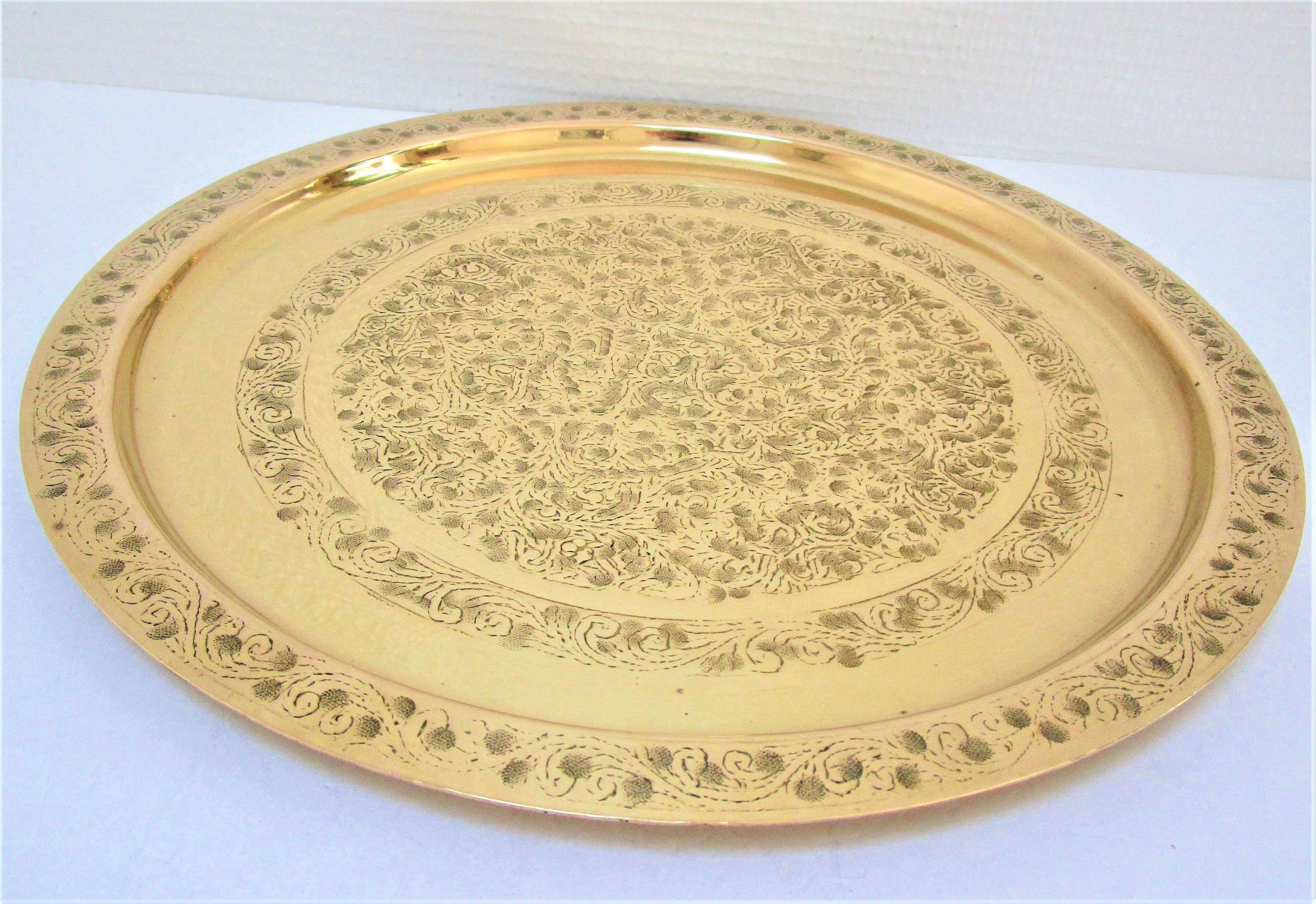 Oriental brass tray floral decoration signed