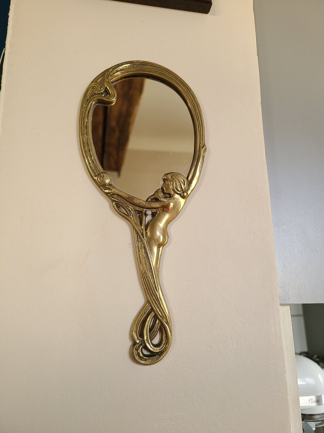 Old bronze mirror by hand, art deco woman's nude