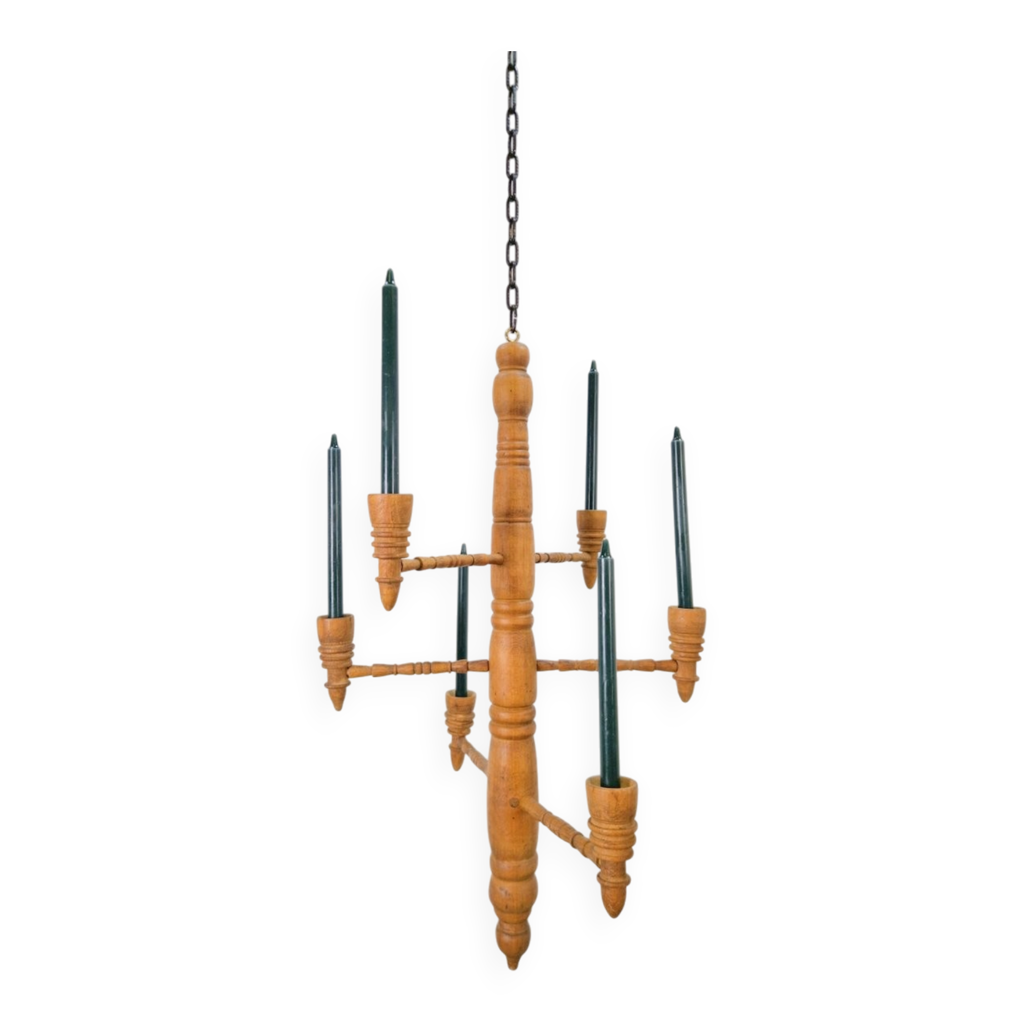Brutalist Twisted Spool Candle Chandelier in Wood, 1960s