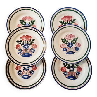 Lot de 6 Assiettes Apéritives Rustiques en Porcelaine HBCM Mulhouse Motif Printemps avec bord relevé