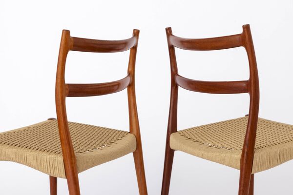 2 chaises Søren Ladefoged, teck, années 1960, siège en corde de papier, chaises de salle à manger, lot de 2