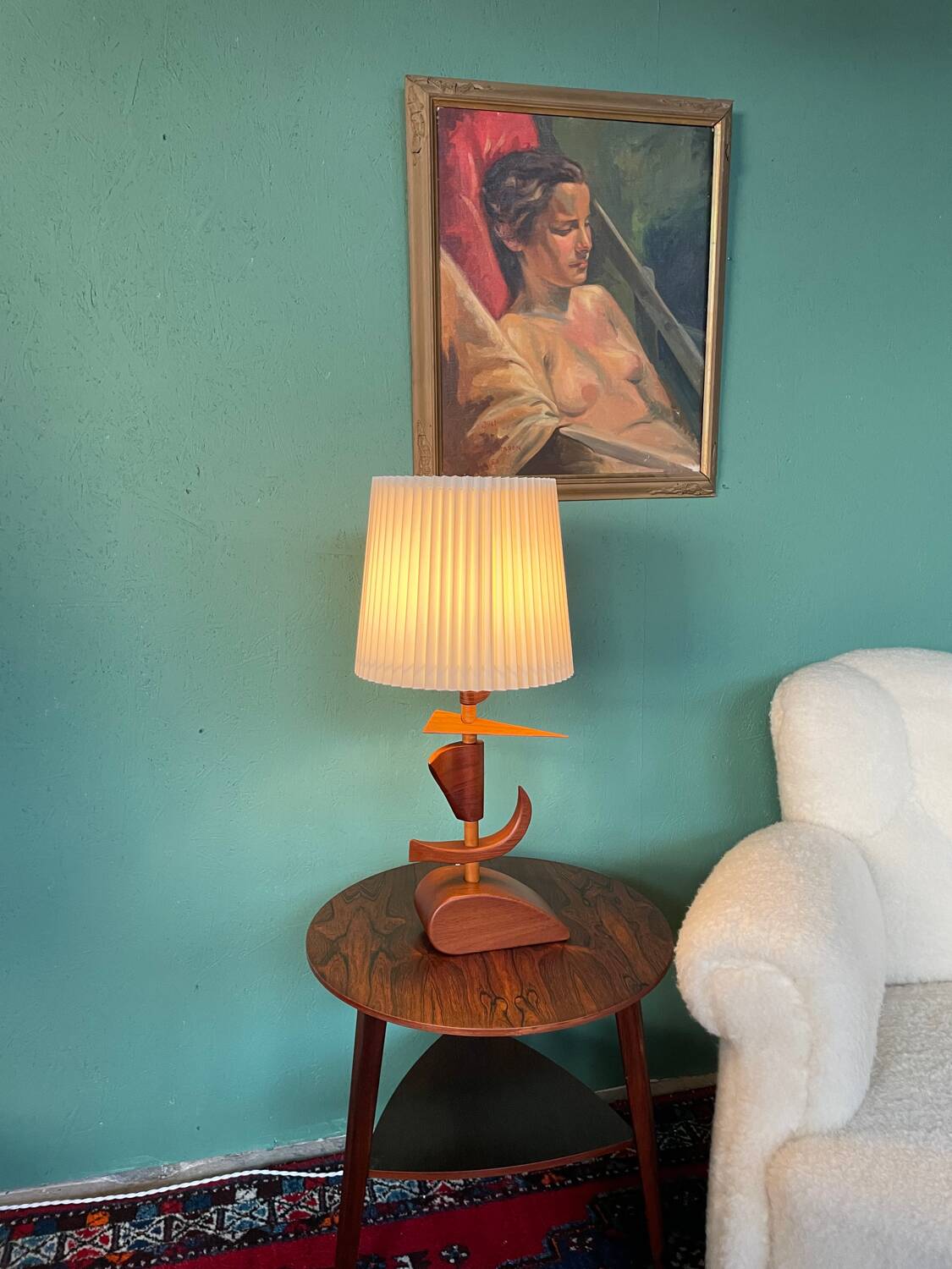 Vintage mid-century modern Danish sculptural teak table lamp