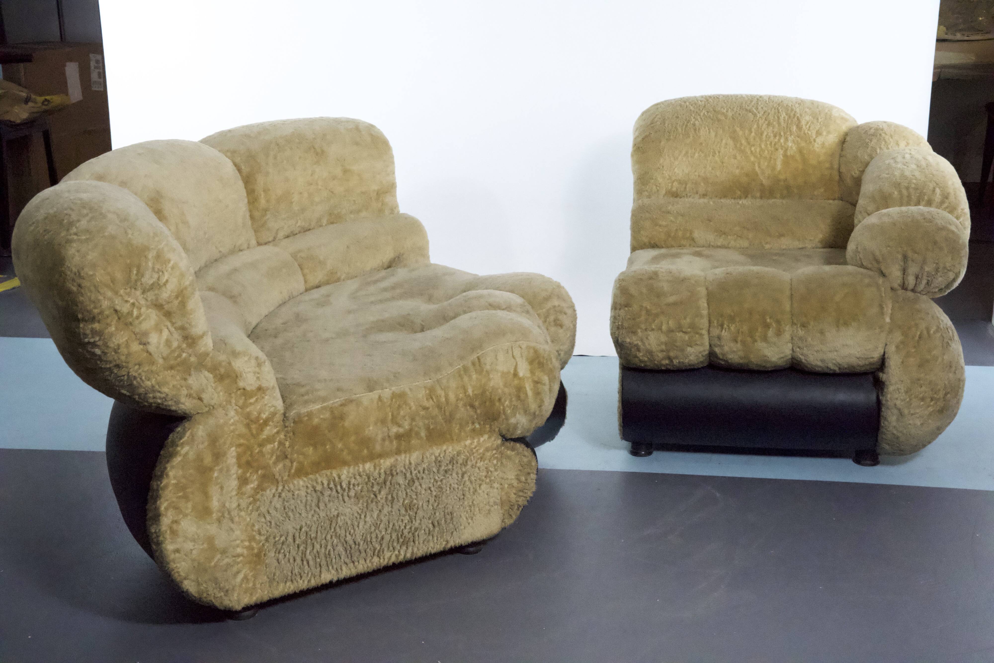 Canapé modulaire Space Age par Adriano Piazzesi, ours en peluche crème et similicuir, Italie des années 1970