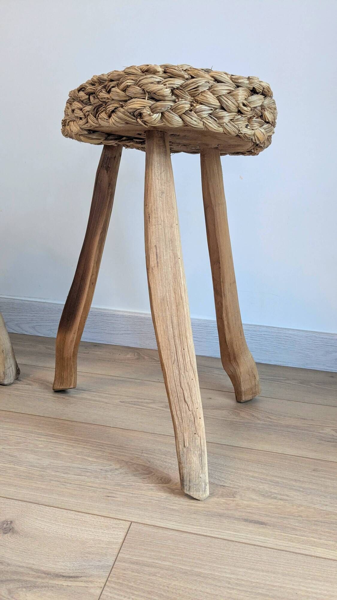 Pair of brutalist tripod stools attributed to Audoux & Minet.