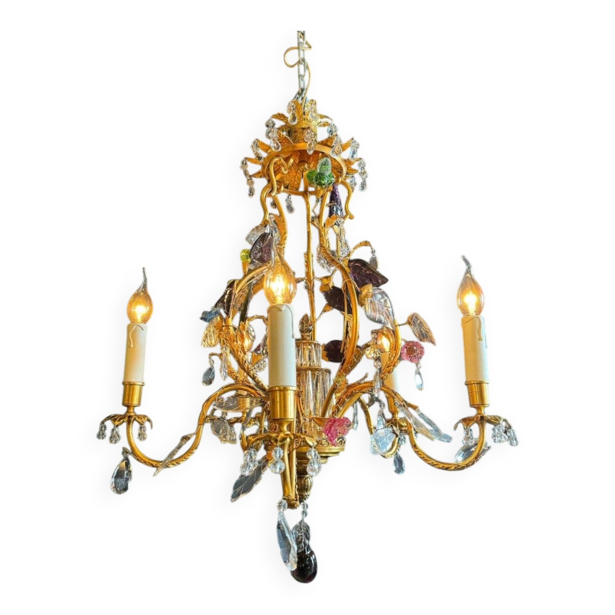 Lustrous pagoda from Maison Baguès in gilded bronze with a decoration of flowers and fruits in glass - 20th century