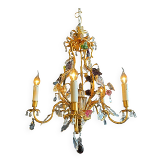 Lustrous pagoda from Maison Baguès in gilded bronze with a decoration of flowers and fruits in glass - 20th century