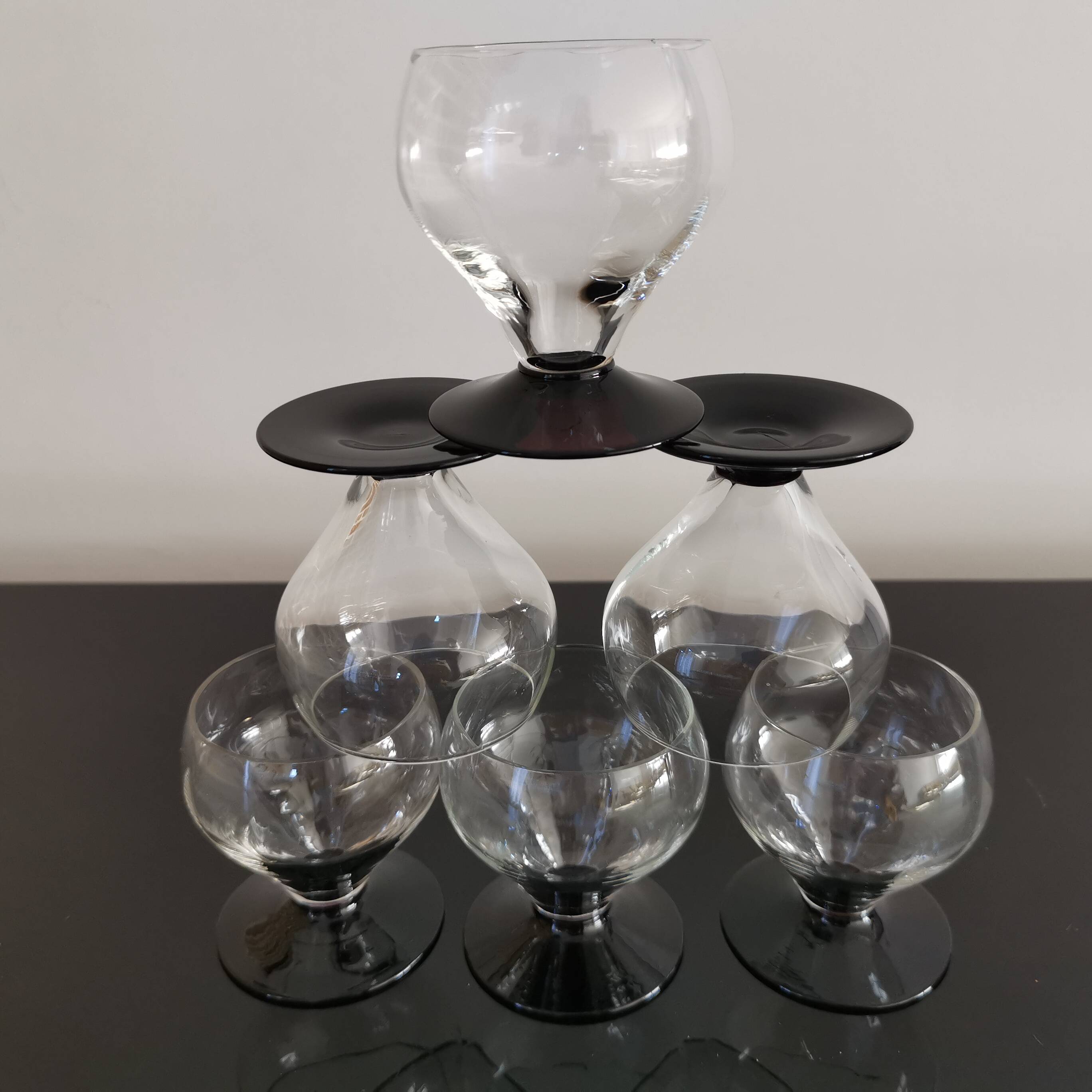 6 small retro smoked burgundy stemmed glasses
