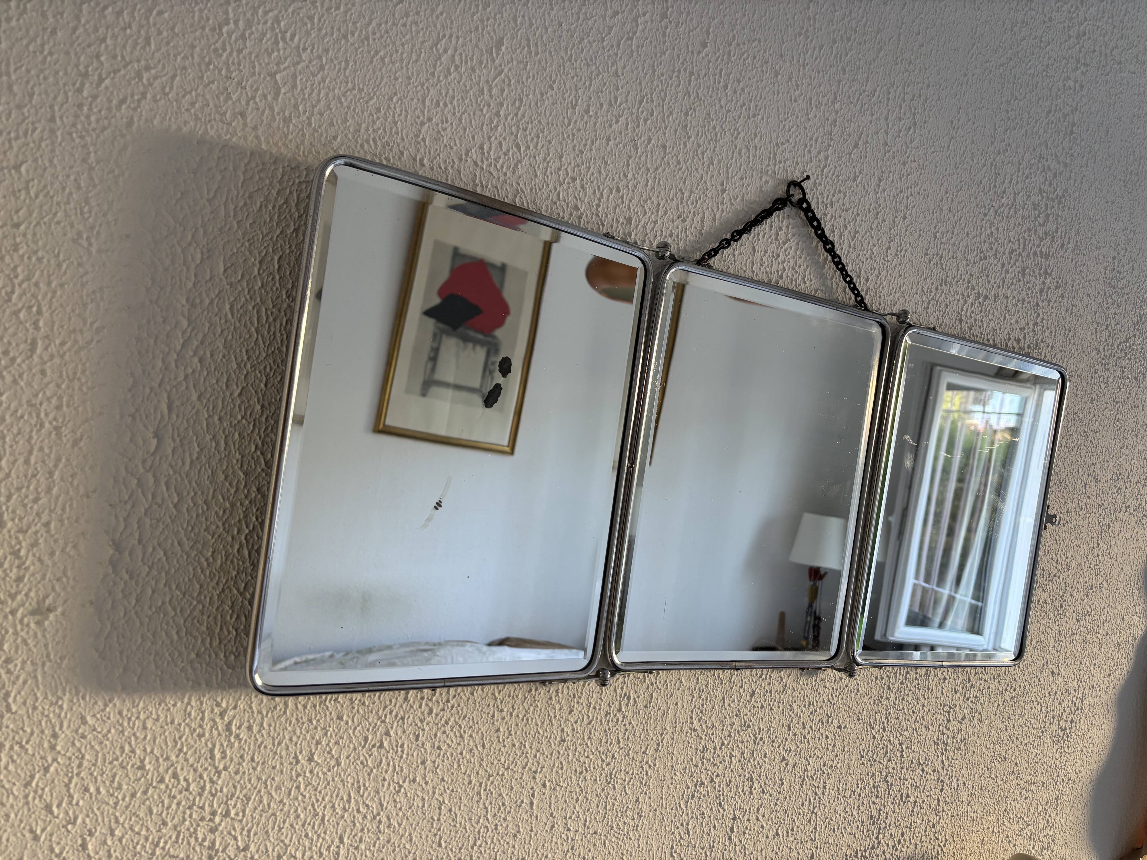 Vintage 1940s triptych barber mirror, bevelled chrome, snake imitation - 31 x