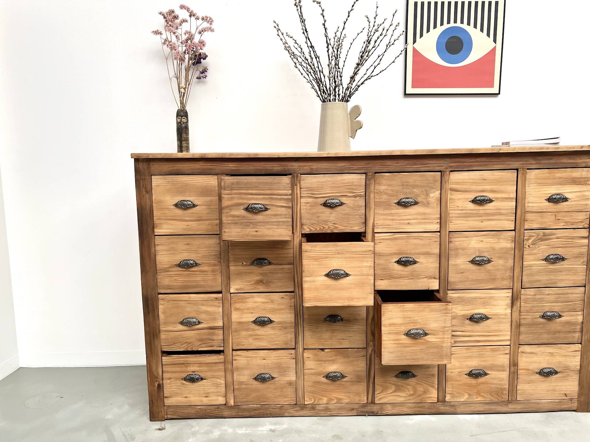 Vintage workshop furniture with 24 drawers in solid pine – 1950s