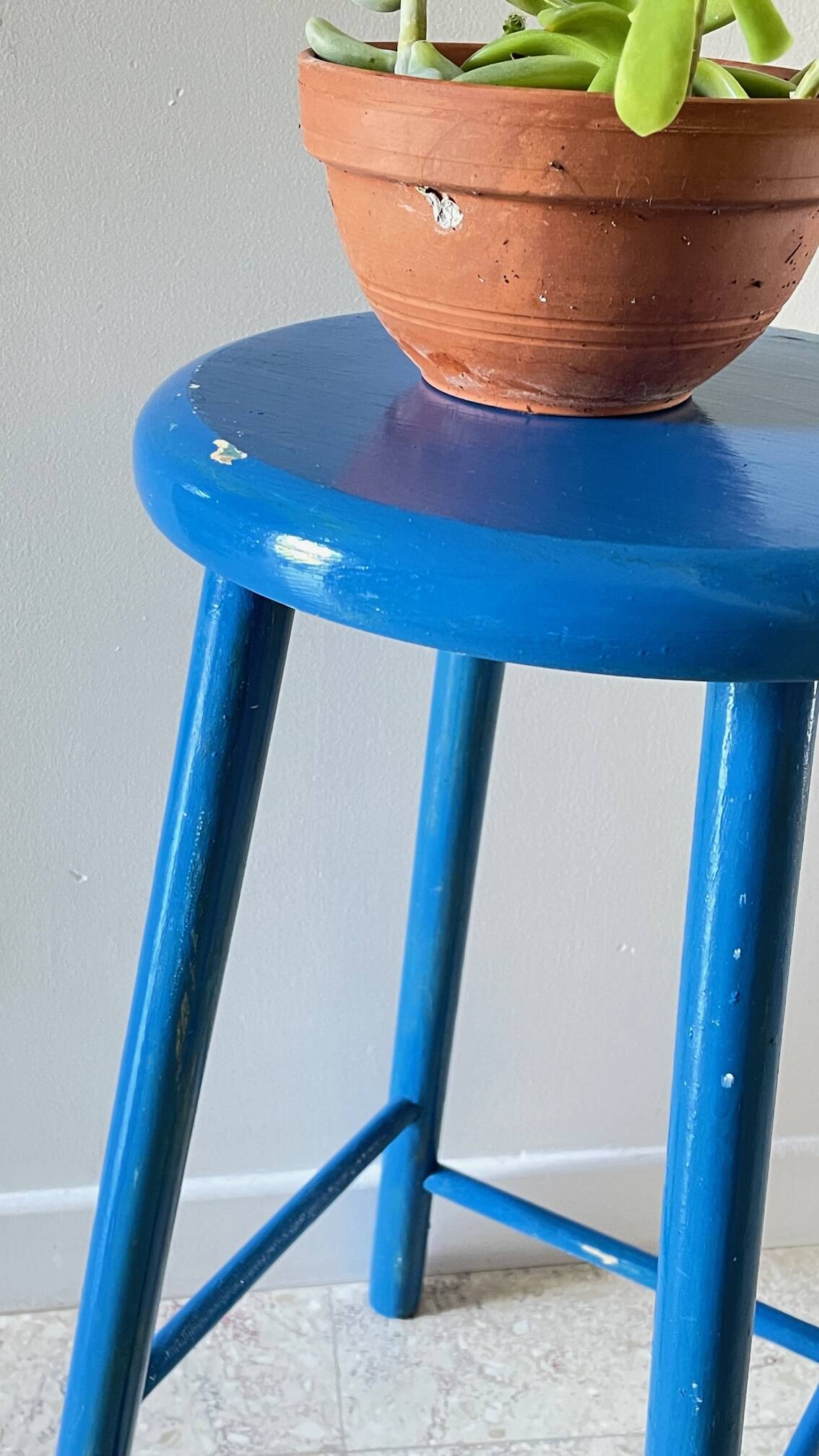 TABOURET Vintage Bois BLEU Electrique